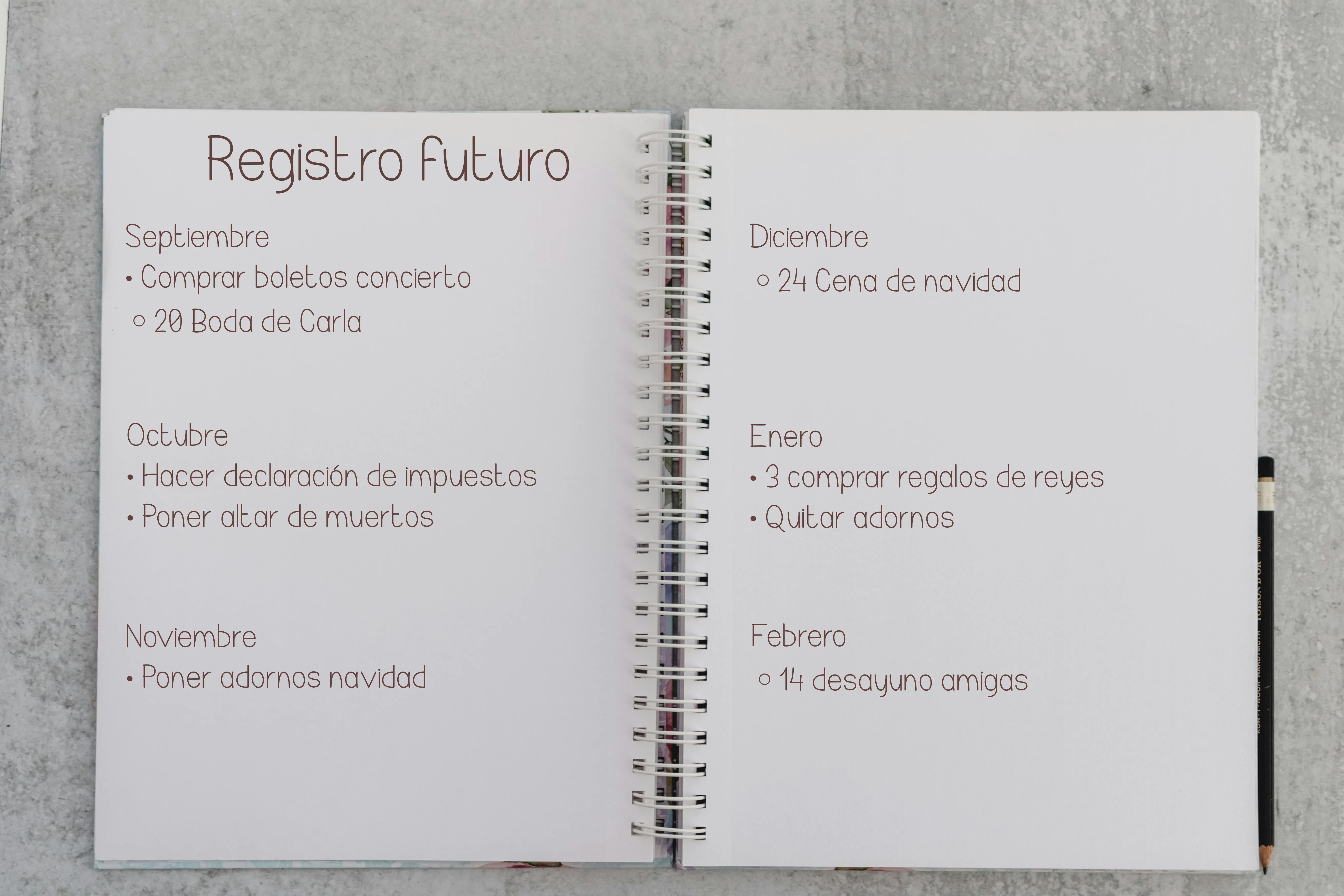 Ejemplo de un registro futuro en un bullet journal con los meses de septiembre a febrero, y debajo de cada mes con algunas tareas y eventos.